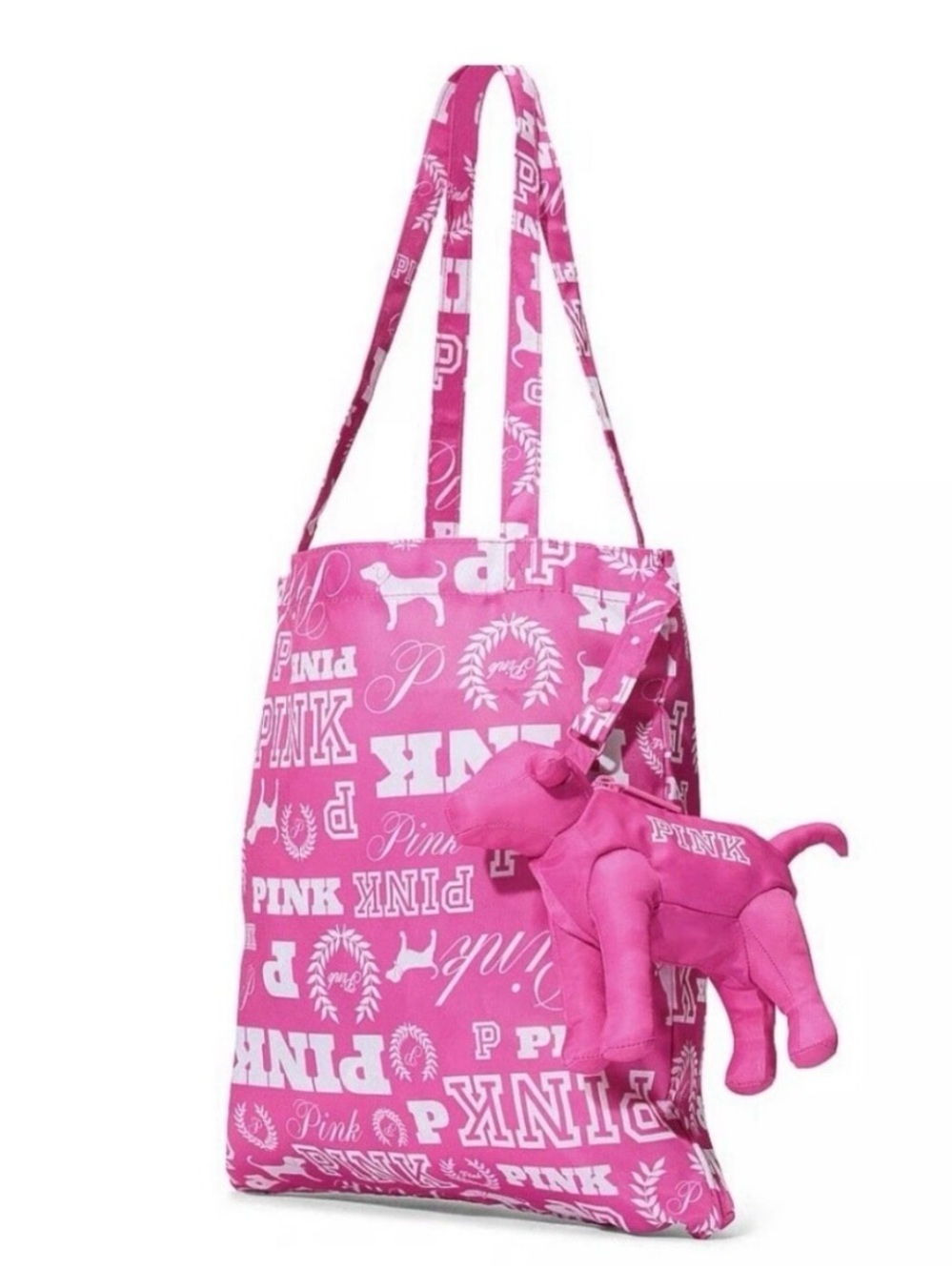 PINK Victoria's Secret Hot Pink Logo Print Tote with Plush Large Dog brand new